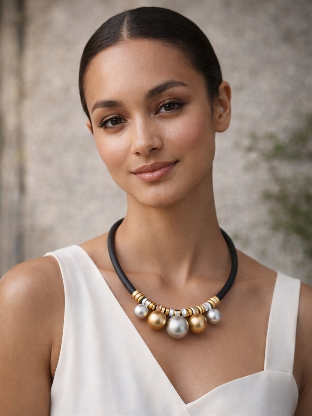 Two-Tone Matte Zamak Sphere Chunky Statement Necklace Black Rubber Cord Adj 18in